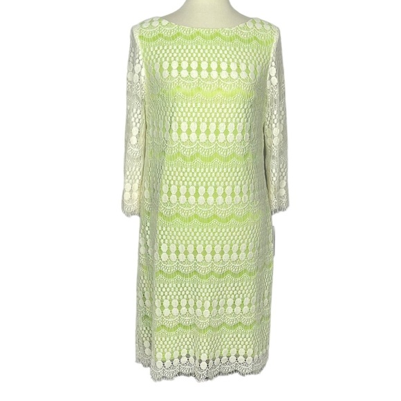 J Howard Dress Womens 10 Kiwi Green Cream Lace Overlay Midi Lined - Picture 1 of 13